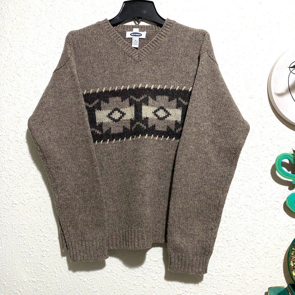 Old Navy Men's M Wool Blend V Neck Sweater pullover Geometric Brown‎ grandpacore